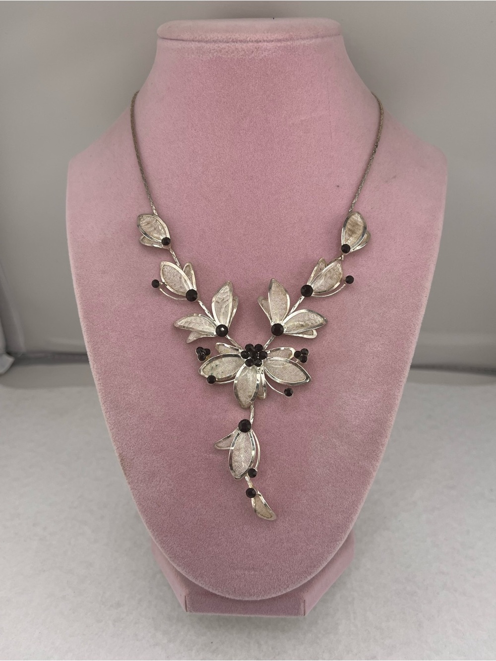 Silver Floral Drop Necklace with Black Accent Beads